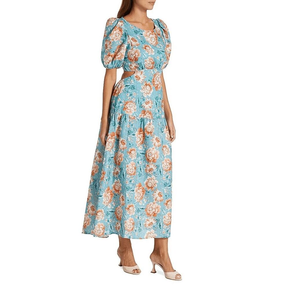 Kivari Josette Lace-Up Back Midi-Dress in Blue Floral Size US 4 $349 - Picture 3 of 14